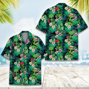 Tropical Alien Hawaiian Shirt Men Women Youth, Funny Alien UFO Shirt, Summer Beach Aloha Shirt, Alien Button Down Short Sleeve Shirt Casual