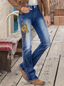Womens Plus Size High Rise Flare Jeans, Side Pony Embroidered Bell Bottoms Jeans, Washed Blue Jeans, Retro Mature Elegant Versatile Pants Womenswear Bottoms