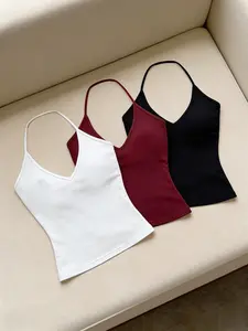 Three-Piece V-Neck Halter Top Set for Women, Slim-Fitting Short Sleeveless Blouse, Basic, Y2K Style Sexy Look, Perfect for Casual Wear