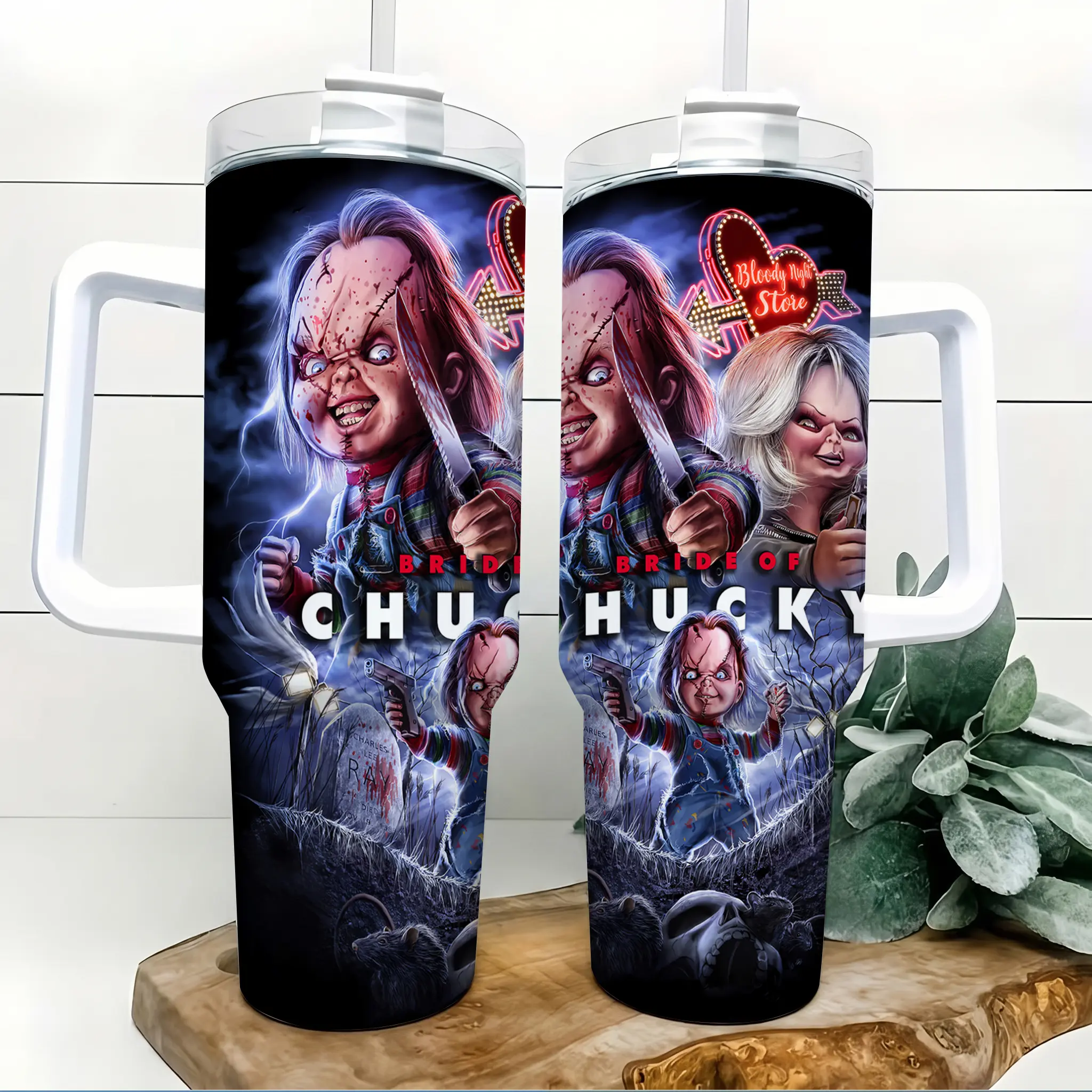 Bride of Chucky Scary Halloween Insulated Tumbler, 40oz Stainless Steel Vacuum Flask, Wide Mouth Coffee Drinkware with Handle & Straw, Creepy Movie Character Wrap, Portable Car Cup Gift for Horror Fans