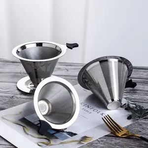 Stainless Steel Pour Over Coffee Filter, Reusable Cone Dripper with Heat-Resistant Handle & Stand, Paperless Coffee Maker