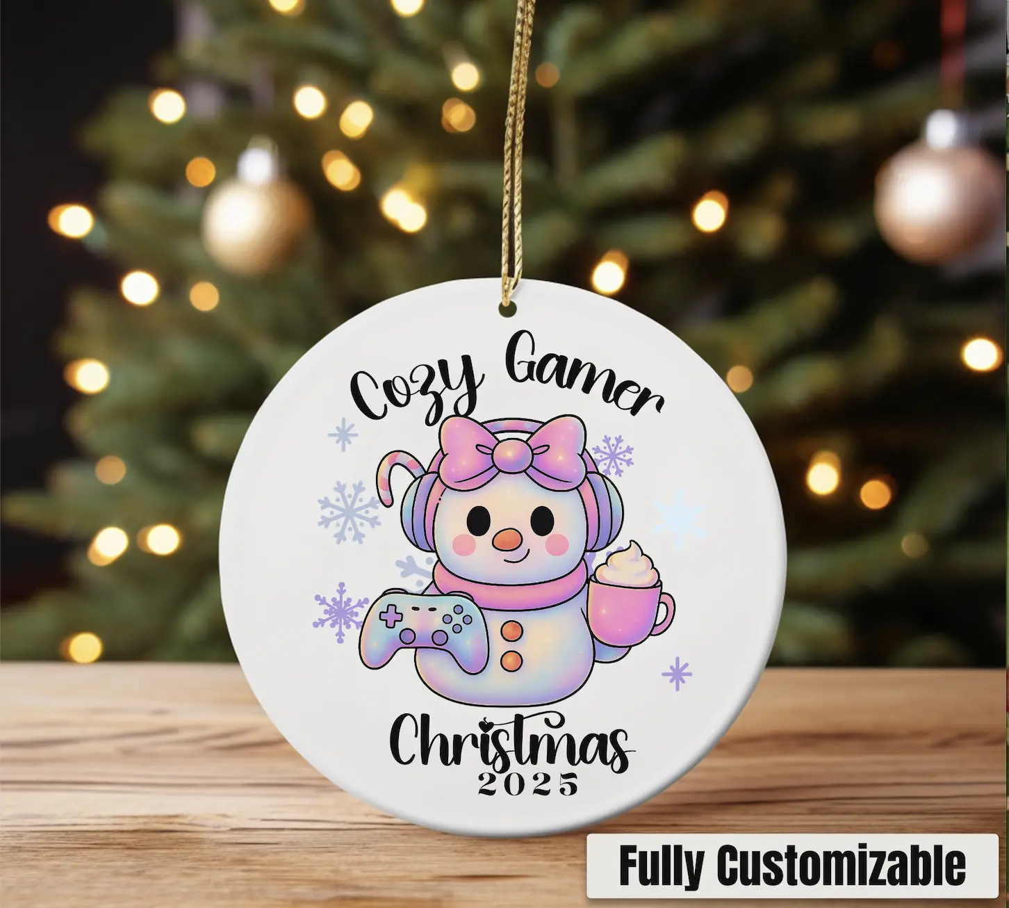 Custom Cozy Gaming Christmas Ornament 2025, Iridescent Snowman with Game Console & Hot Chocolate, Personalized Holiday Gamer Gift