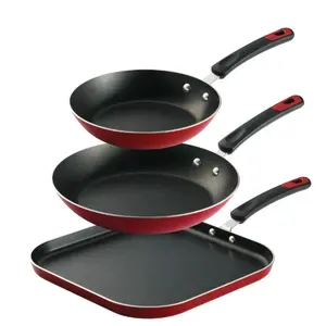 Everyday 3 Piece Aluminum Nonstick Fry Pan and Griddle Set - Metallic Red - Cookware Stylish Handles