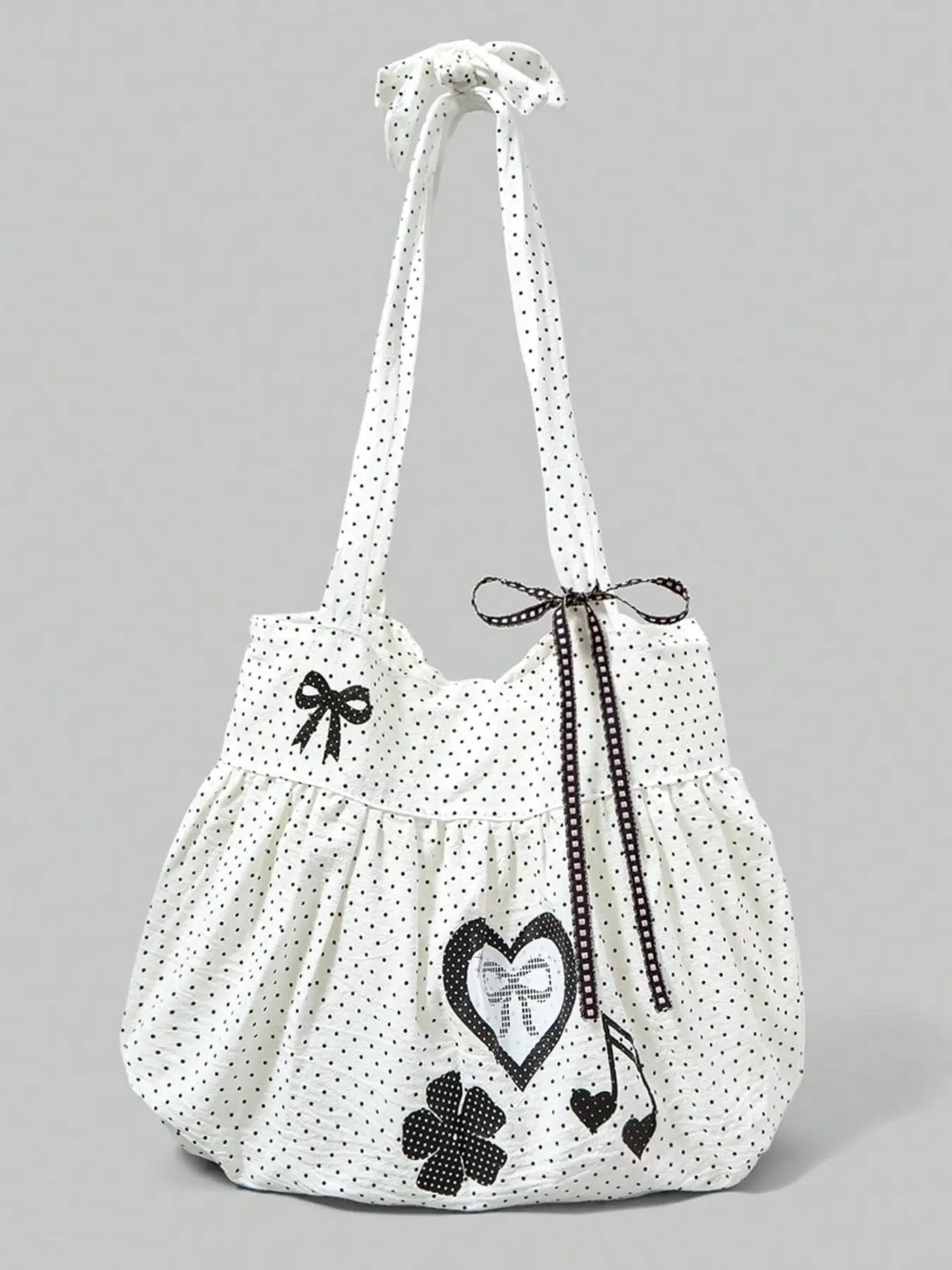 Sweet Cute Bow Vintage Heart Women's Shoulder Bag, Commuter Casual Crossbody Bag, Fashionable Patterned Bag, Large Capacity Polka Dot Summer Floral Tote, Fits Laptop for Daily Commute, Floral embossed satchel, Fashion Crossbody Purse
