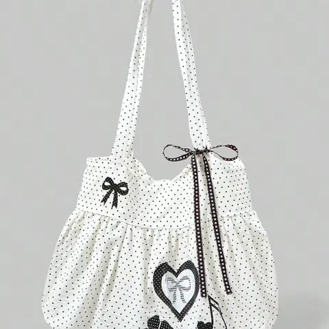 Sweet Cute Bow Vintage Heart Women's Shoulder Bag, Commuter Casual Crossbody Bag, Fashionable Patterned Bag, Large Capacity Polka Dot Fall Winter Floral Tote, Fits Laptop for Daily Commute, Floral embossed satchel, Fashion Crossbody Purse