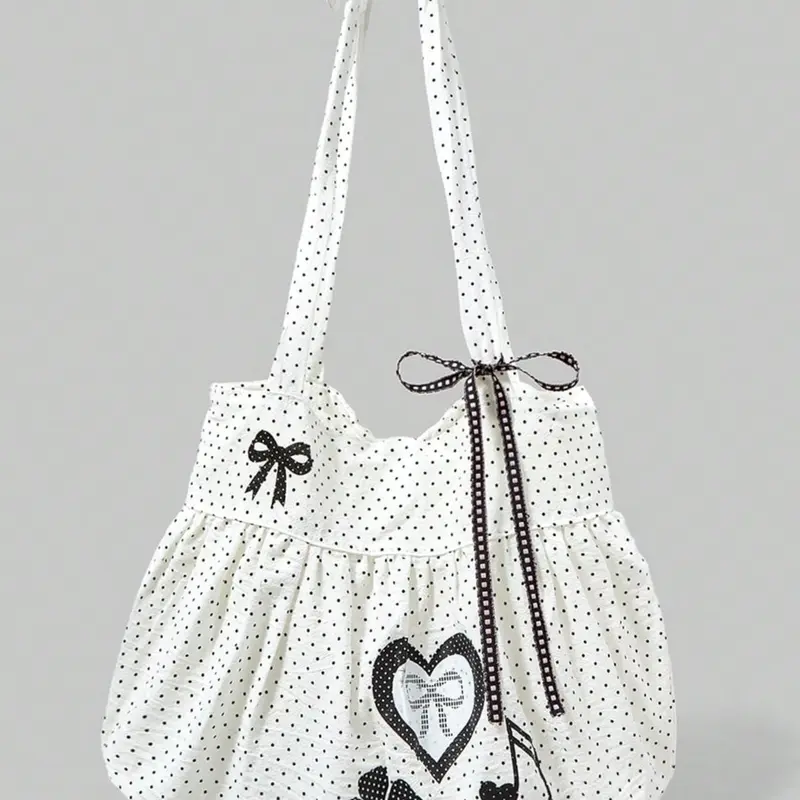 Sweet Cute Bow Vintage Heart Women's Shoulder Bag, Commuter Casual Crossbody Bag, Fashionable Patterned Bag, Large Capacity Polka Dot Fall Winter Floral Tote, Fits Laptop for Daily Commute, Floral embossed satchel, Fashion Crossbody Purse
