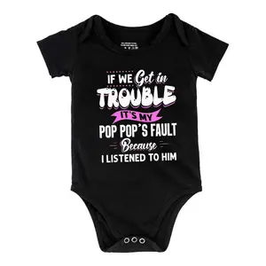 Funny Baby Babysuit If We Get In Trouble It'S My Pop Pop'S Fault Because I Listened To Him Letter Print Baby Short Sleeve Onesies Romper For Infant, Newborn Boys Girls Soft Casual Outfit ，Outdoor Baby Bodysuits