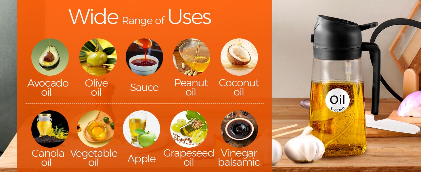 16oz/470ml Glass Olive Oil Sprayer for Cooking with Stickers, 2 in 1 Oil Dispenser for Kitchen Gadgets, Food Grade Premium Spray Bottle with Portion Control for Salad, Frying, BBQ (Black)