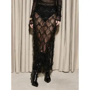 Women's long mesh dress with sequins and tassels, diamond pattern, sexy style, perfect for parties and stage performancesRAIMENTRY