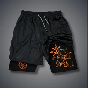 Digimon Anime 80s 90s Double-Layer Sports Shorts Graphic Shorts Black Camo Streetwear Shorts Men Outfits Men Vacation Outfits Shorts