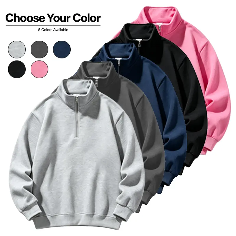 Men’s quarter-zip pullover sweatshirt, relaxed drop-shoulder stand collar design, ribbed cuffs and hem, soft polyester fabric casual half-zip top suitable for everyday wear in spring and autumn.