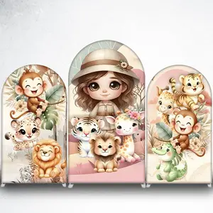 Cute Monkey Leopard and Lion Arch Backdrop Cover for Safari Theme Birthday Party
