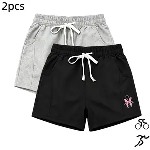 2-pack new women’s butterfly print athletic shorts, drawstring elastic waistband casual sports shorts with pockets, suitable for fitness, running, training