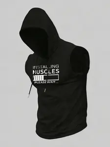 Men's Sleeveless Hooded Gym Vest, Humorous Graphic Print, Breathable Elastic Fabric, Fitted Casual Style for Training and Daily Wear