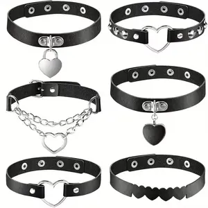6 Pieces Black Heart Theme Leather Collar,r Adjustable PU Leather Collar Set(Black)Christmas Halloween Costume