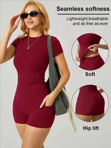 Women's Summer 2-Piece Set, Plain Round Neck Short Sleeve T-Shirt, High Waist Pocket Shorts, Casual Yoga Fitness Running, Yoga Wear, Summer Athletic Wear