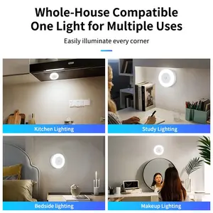Rechargeable USB Round LED Light, Motion-Activated Night Light, 3000K Warm Light, Magnetic Mounting, Portable Bedside Lamp, For Kitchen, Hallway, Bathroom, Stairs, Nighttime Use
