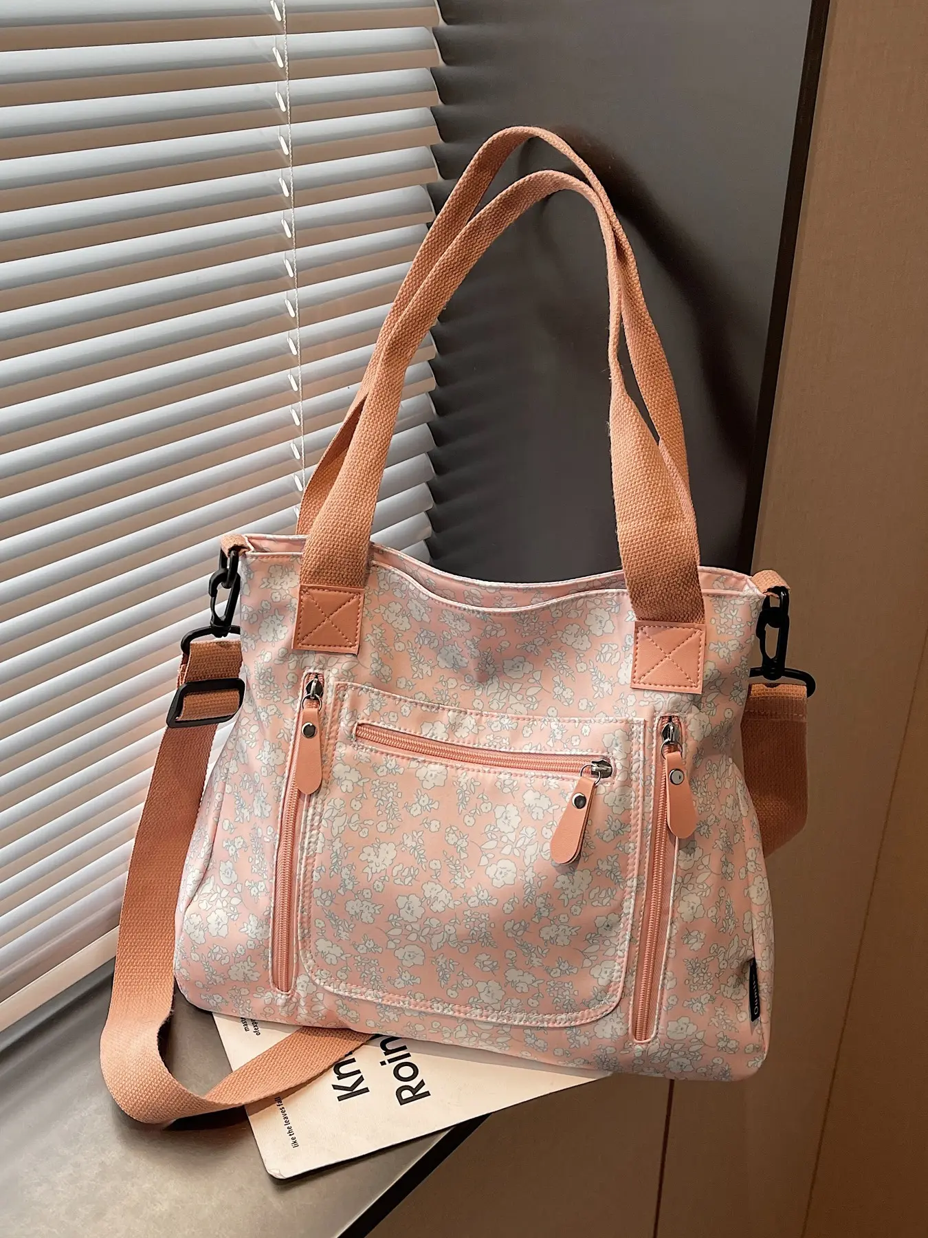 Ultra-Lightweight, Space-Saving Floral Tote Bag for Women, Multi-Compartment Anti-Theft Waterproof Nylon Handbag, Daily Commuter Bag for Work or School, Fashionable Patterned Bag