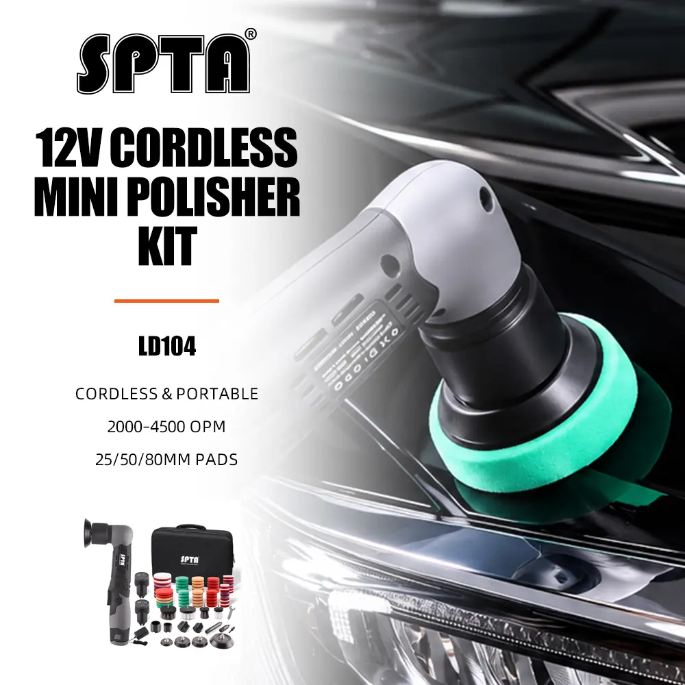 SPTA 12V Cordless Automotive Polishing Tool - Lightweight Compact Mini Car Tool with RO/DA 6-Speed Function, 25/50/80mm Backing Plates, Polishing System, 12 Pcs 76mm Pads, 2 Extension Shafts, 2000 mAh for Sanding, Cleaning