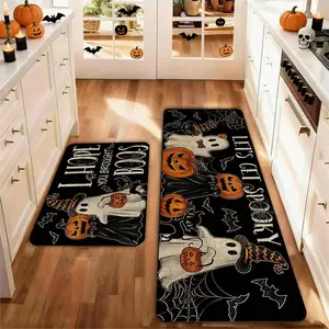 Set of 2 Halloween Kitchen Mats, Bat Broom Ghost Design, Non-Slip Low Profile, Perfect for Halloween Farm Party, Home Kitchen Decor