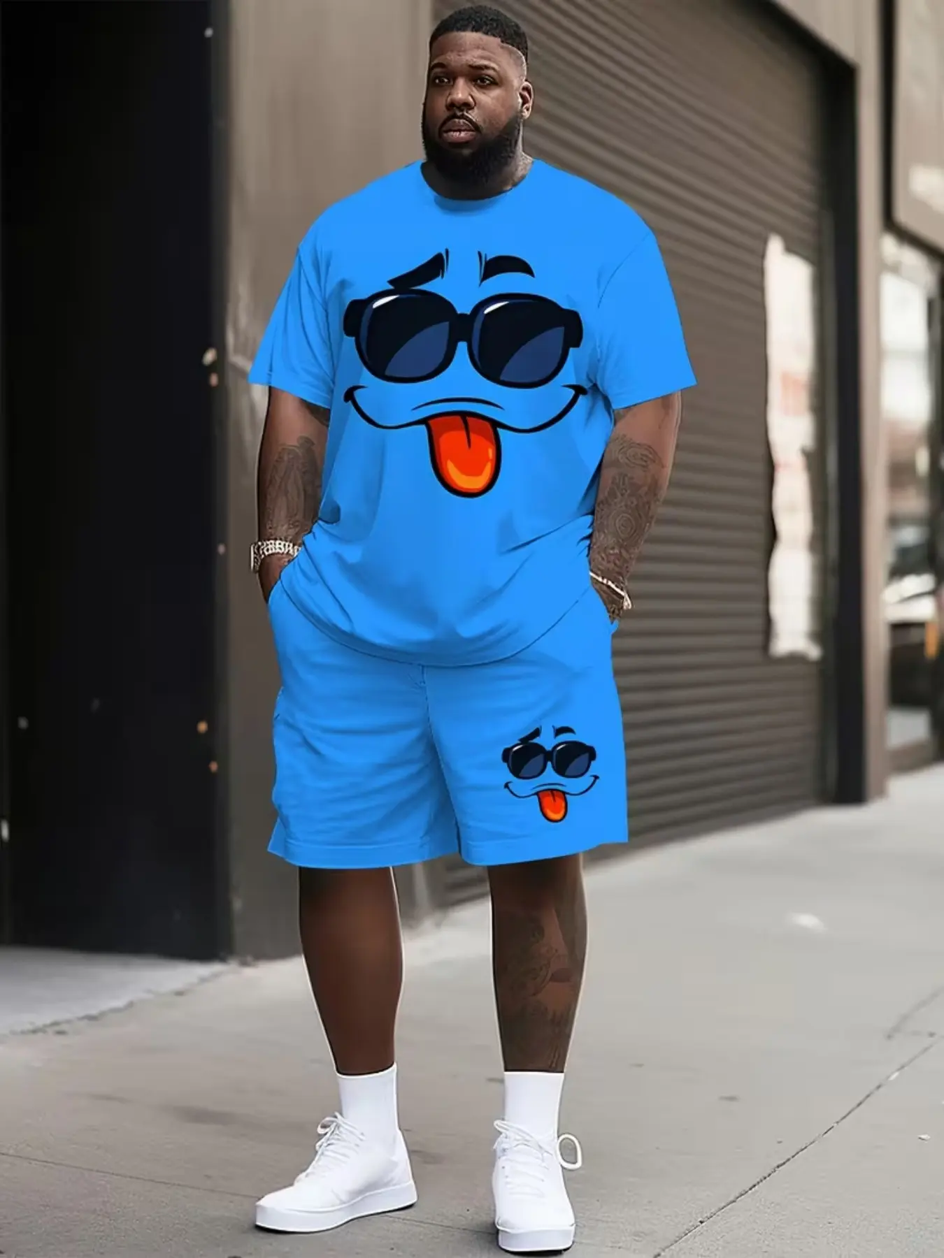 Men's Casual Round Neck T-Shirt and Shorts Set Outfit, 3D Cartoon Face Print, Blue Polyester, Short Sleeve, Loose Fit, All Seasons Apparel