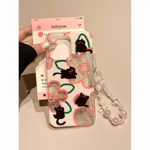 Floral Black Cat Phone Case for use with iphone 17 air 16 pro max 15 plus 14 pro 13/12/11 phone case artistic fresh aesthetic trendy phone cases holographic luxury Crystal Clear Glitter Finish phone case Y2K water glitter