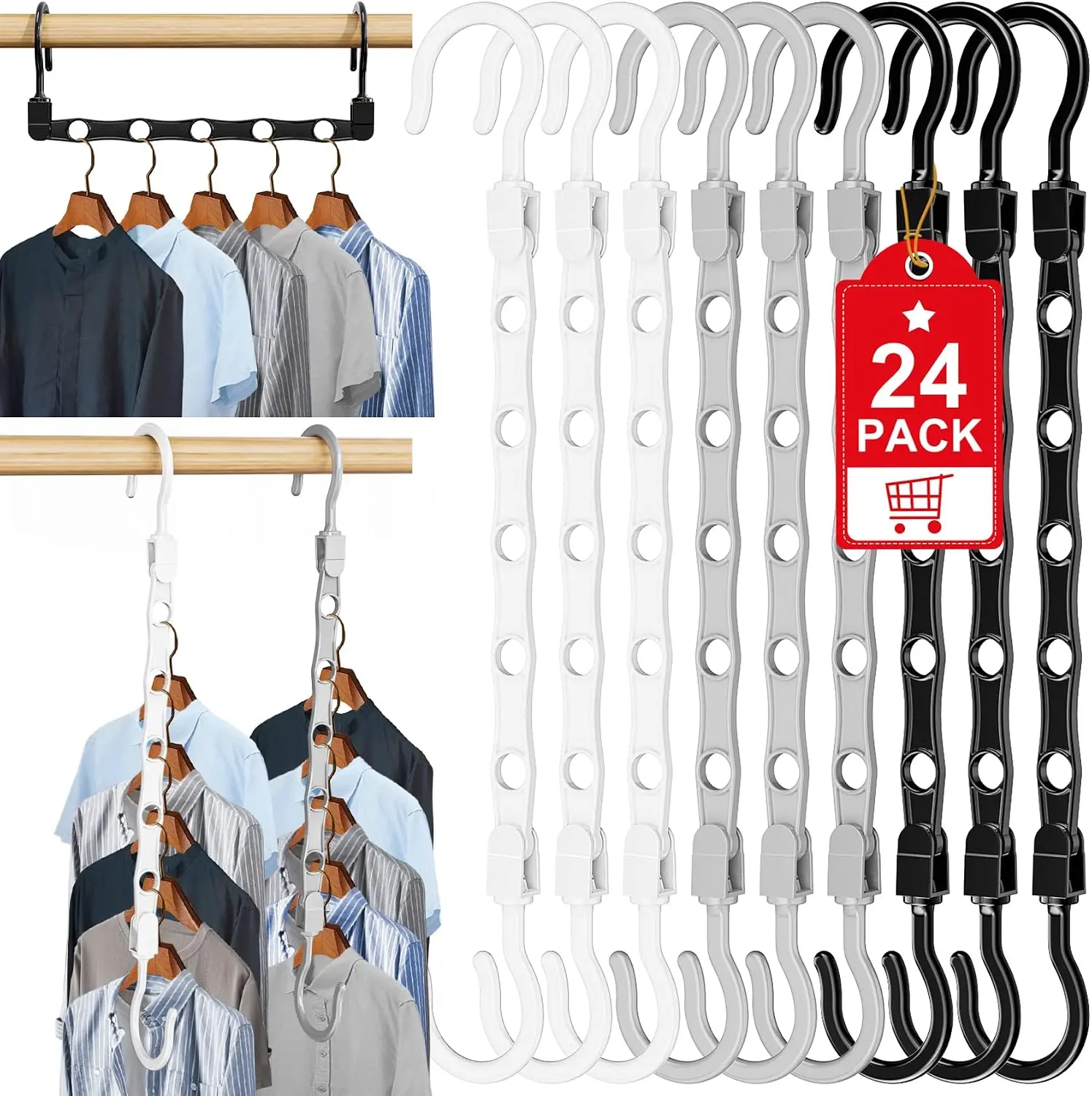24 Pack Hangers Space Saving Magic Space Saver Hangers Black White Grey | Smart Clothes Hanger Organizer Closet Organizers and Storage for Closet Wardrobe Apartment College Dorm Room Essentials