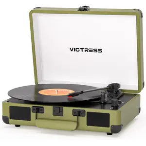 Portable Suitcase Bluetooth Vinyl Record Player, 3-Speed Belt-Drive Turntable with Recording Function, USB Port, Auto Stop, Stereo Sound, RCA/AUX/Headphone Connections, Green