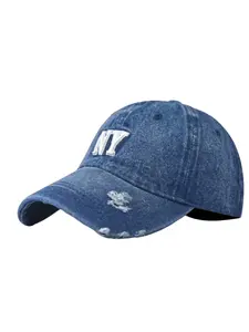 Washed vintage denim baseball cap with NY letter embroidery, versatile unisex peaked hat for all seasons