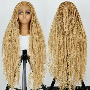 Daily Musts #T274/614 36 Inch Full Lace Bohemian Knotless Box Braided Wig - Unique Boho-Chic Square Design, Premium Synthetic Fiber, Silky-Soft, Lightweight, YMSGIRL Hair Ash Blonde Wig