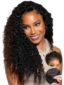 Water Wave Half Wig Human Hair Jerry Curl, Beginners-Friendly Flip-Over Drawstring, Glueless & Seamless Design, Natural, 200 Density, Beginner Friendly Wigs