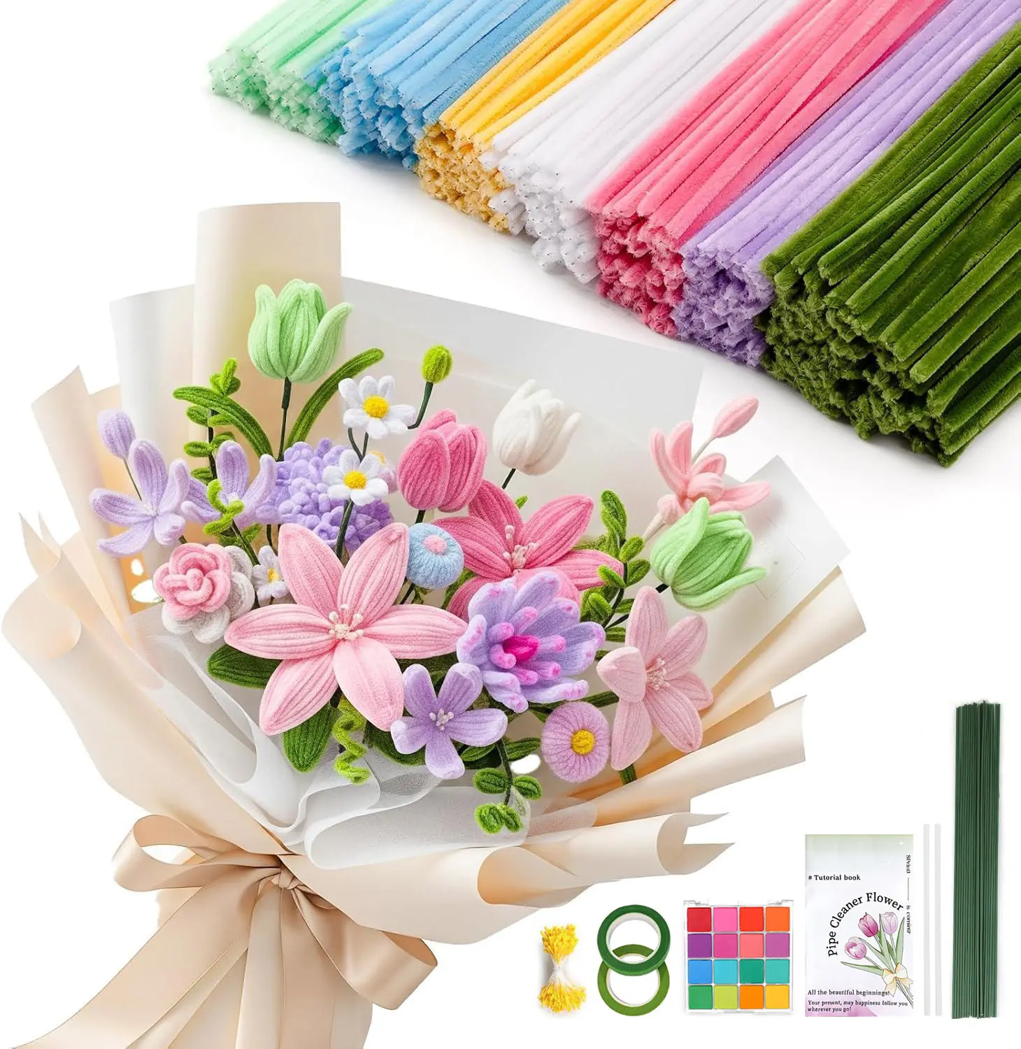 Decorative Flower Bendable Chenille Stems Pack, 500-Piece Macaron Pastel Pipe Cleaners Kit for Art Projects, Children's Day Floral Decor, Daily Home Supplies, Flower Pipe Cleaners, Childrens Day