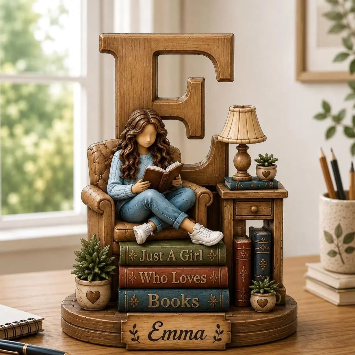 Personalized Wooden Book Lover Figurine, Custom Initial Letter & Name Block, Reader Shelf Decor, Library Decoration, Book Lover Gift