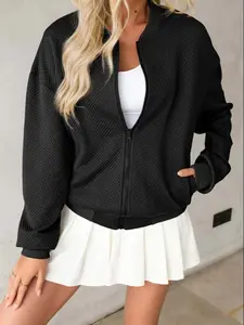 Women's Floral Jacquard Zipper Pilot Jacket Fitted Casual Long Sleeve Outerwear Womenswear, Stylish Ladies' Fashion Coat for Daily Wear & Outdoor Activities