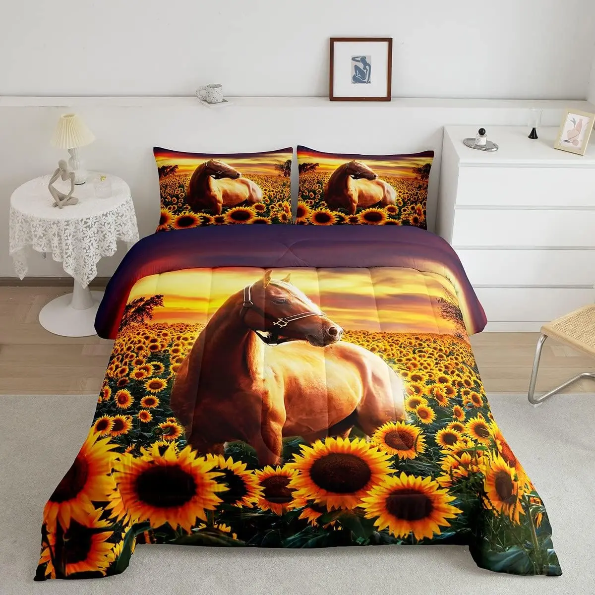 Feelyou 3D Horse Quilted Duvet Set - Wild Animal Down Comforter, Adult Women's Sunflower Brown Horse Bedroom Bedding, Cowboys Farmhouse Decorative Bedding, Bedroom Bedding Set, Decorative Bedding Set