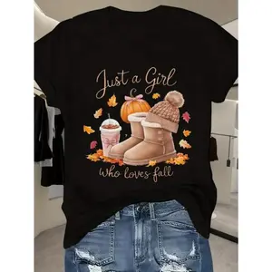 Women's Fall Graphic T-Shirt - "Just a Who Loves Fall" Pumpkin & Autumn Leaves Print, Breathable Cotton Moisture-Wicking Casual Sporty Tee for Spring/Summer, Ladies Tops And Blouses for Fall, Seasonal Apparel, Comfortable Fit Womenswear Tshirt