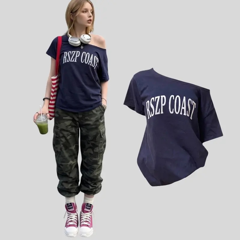 Daily Studio Women's Retro Graphic One-Shoulder Oversized T-Shirt, Relaxed Short Sleeve Streetwear Tee