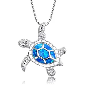 TwinkelTrendz 18K Gold Plated Turtle Pendant Necklace with Blue Opal Shell and Silver Chain for Women