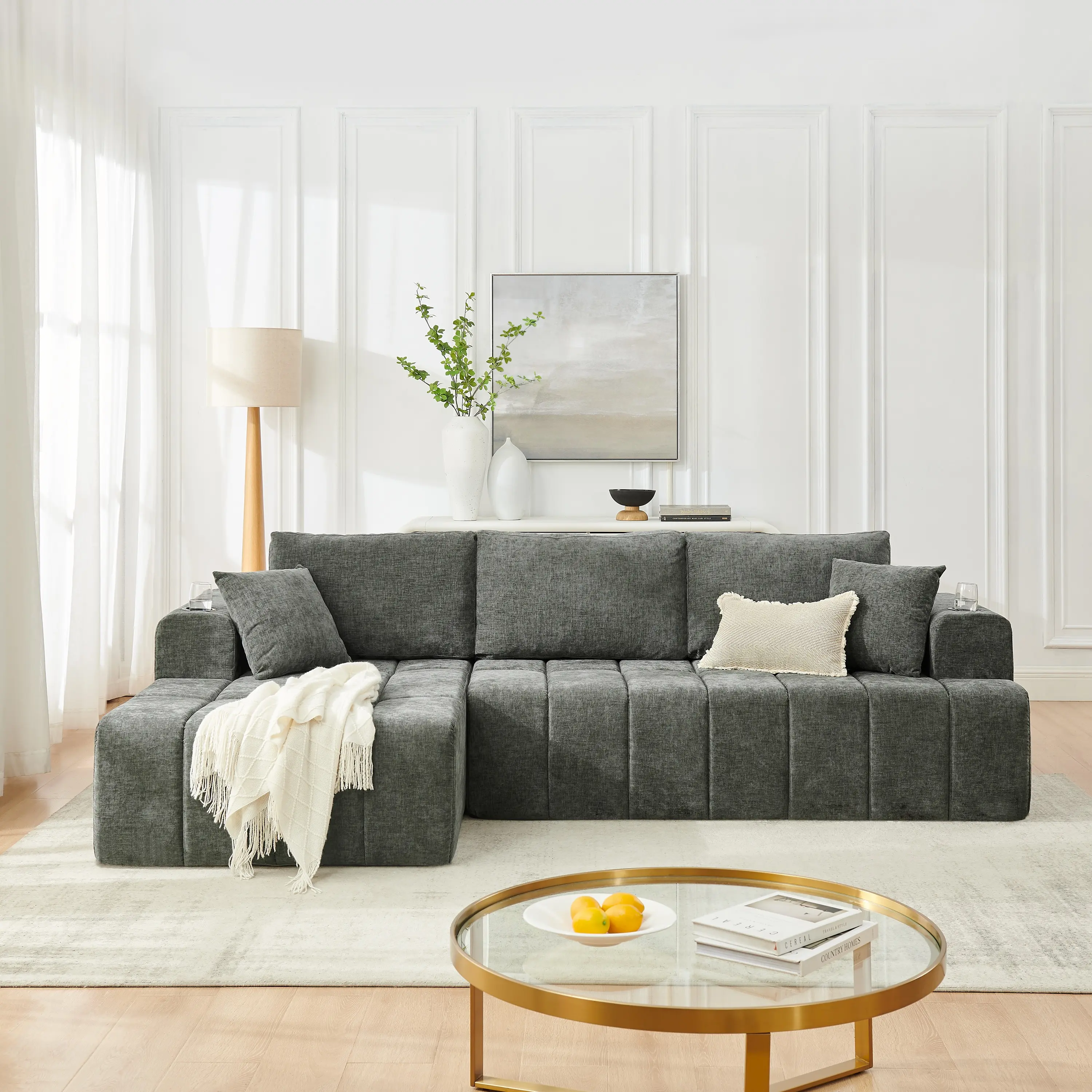 108" U Shaped Modular Sectional Sofa, Chenille Compressed Cloud Couch with Cup Holders & Side Storage Pockets, Modern Minimalist Memory Foam Comfy Sleeper Sofa for Living Room, No Assembly Required, Shipped in 2 Boxes