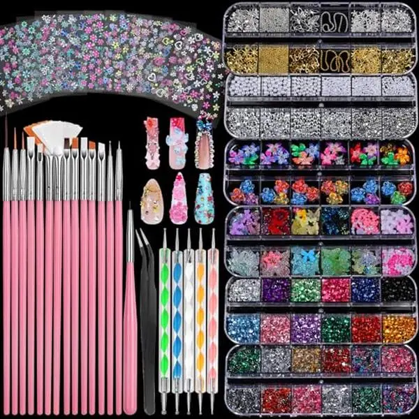 FANDAMEI Nail Charms and Nail Brushes, Nail Accessories Kit with 15 Pcs Nail Art Brushes, 6 Box Nail Charms and Gems, 10 Pcs Flower Nail Stickers, 5 Pcs Dotting Tools, Nail Art Kit with Nail Brush