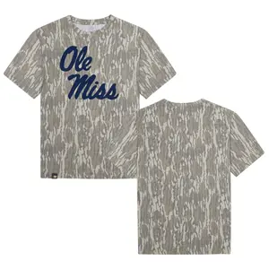 Navy Ole Miss Script Bottomland Pattern Camo Tee – Mossy Oak Inspired Soft Comfort Camouflage T-Shirt