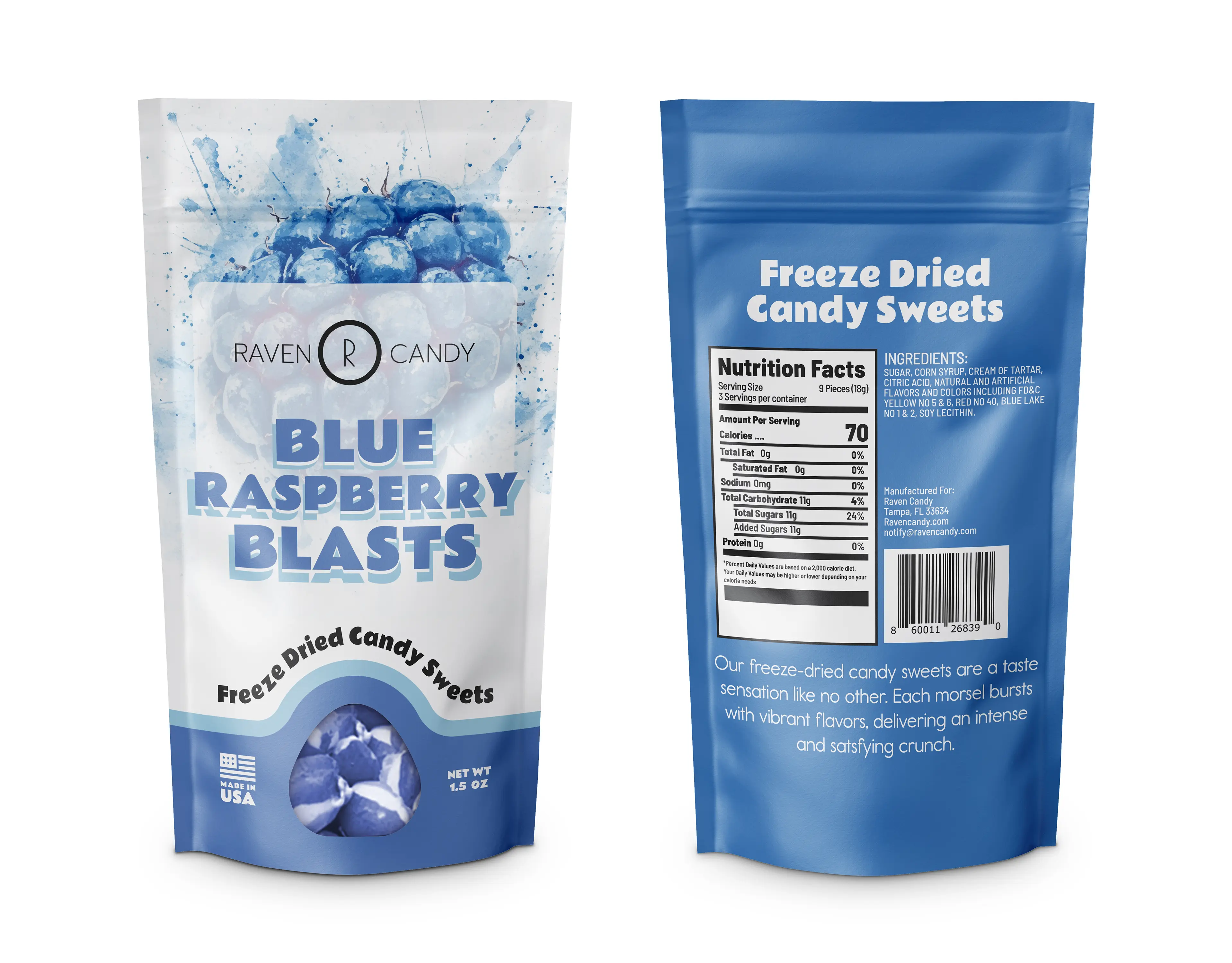 Raven Candy Blue Raspberry Blasts Freeze Dried  1.5 oz Sweet Snack Bite Tangy Flavor Candies