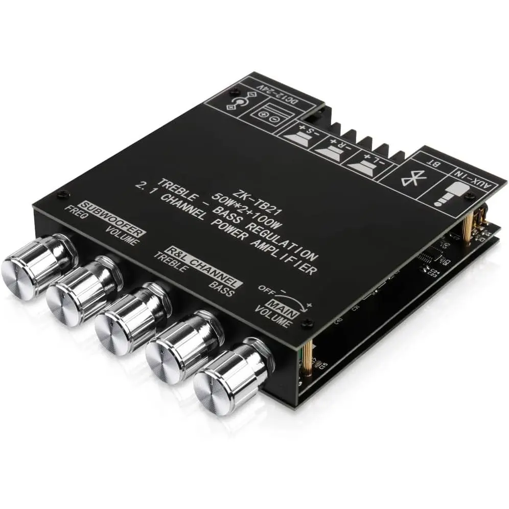 2.1 Channel Bluetooth Digital Audio Amplifier Board, 50W*2 + 100W Subwoofer Power Amp Module with Independent Treble & Bass Adjustment, Bluetooth 5.0 & AUX Dual Inputs, DIY Stereo Amplifier Module for Home Speaker Assembly