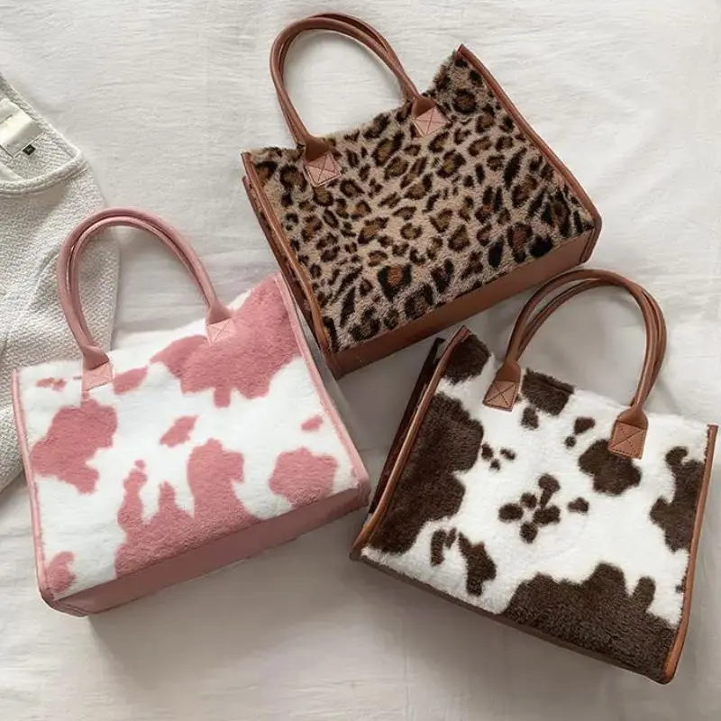 Women Soft Plush Hand Bag New Winter Leopard Cow Print Tote Bags Female Pu Leather Underarm Bags Furry Fluffy Shoulder Bag