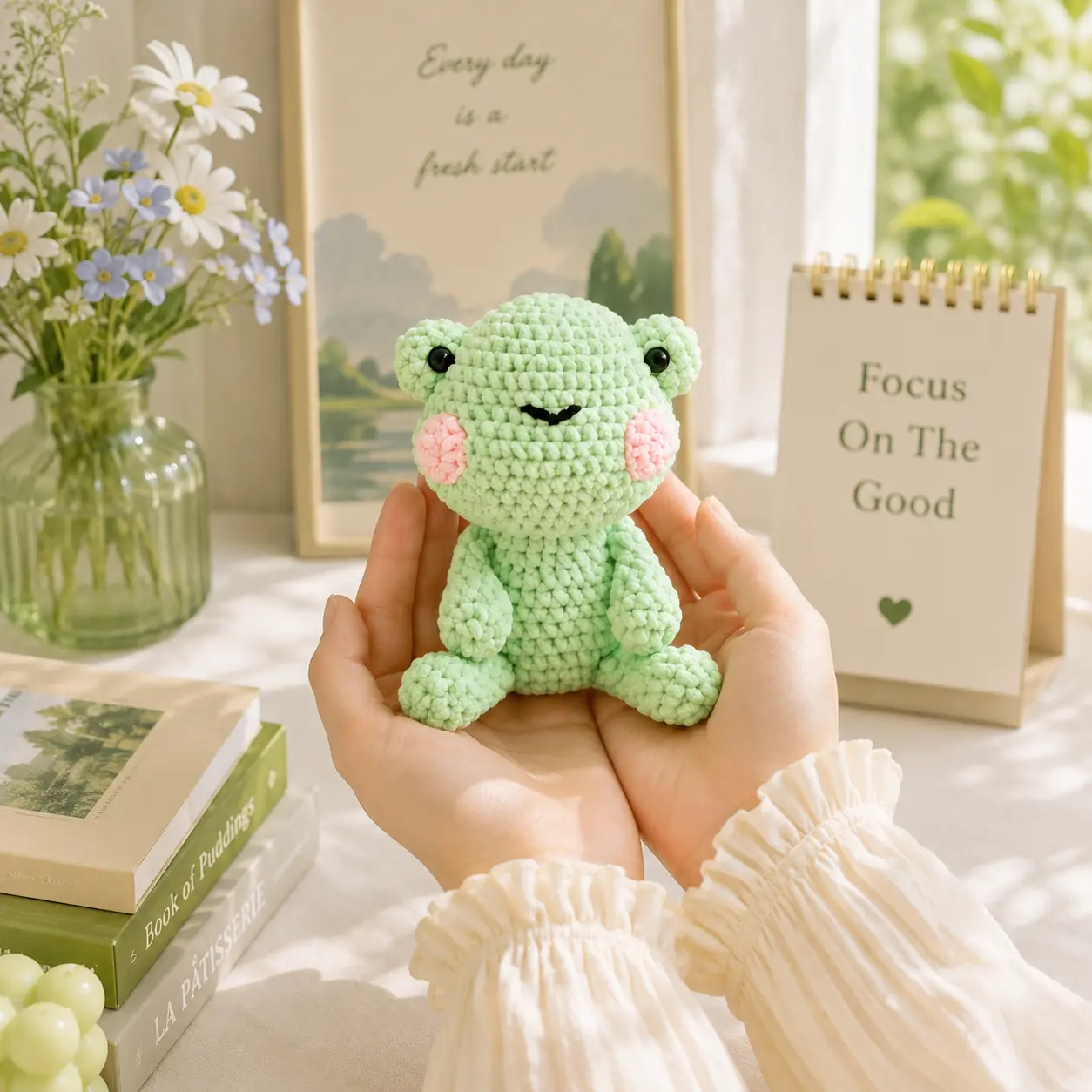 Handmade Crochet Frog Ornament, Cute Green Frog Desk & Shelf Decor, Unique Handmade Gift