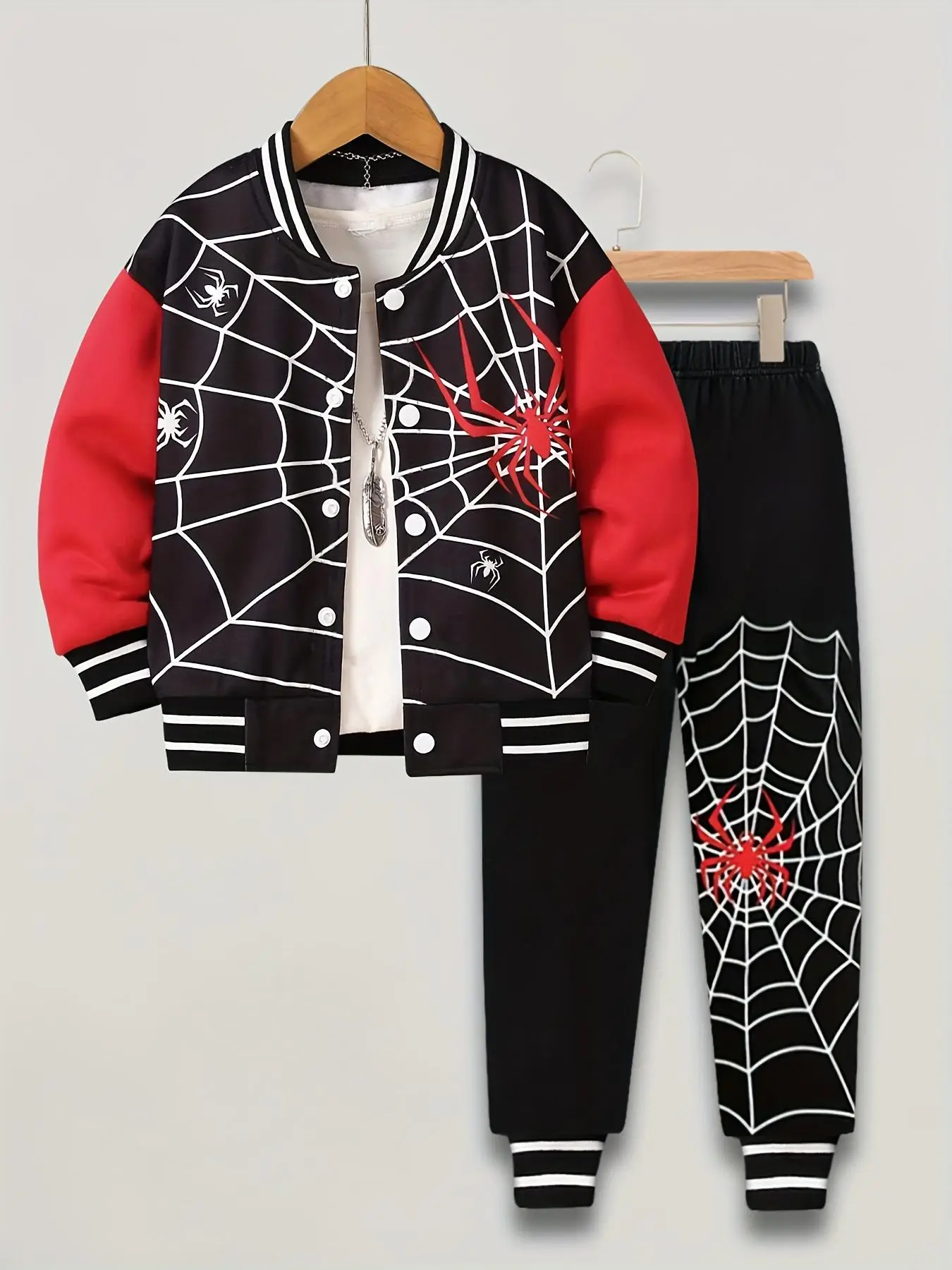 Two-Piece Set Boy's Spider Print Varsity Jacket & Pants Set, Casual Fashion Cozy Breathable Outfits for Daily Outdoor Wear, Boys Clothing for Spring F