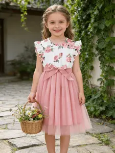 Girls' Rose Print Dress, Mesh Flutter Sleeve, Bow Waist Princess Dress, Summer Fitted Floral Dress, Elegant Clothing