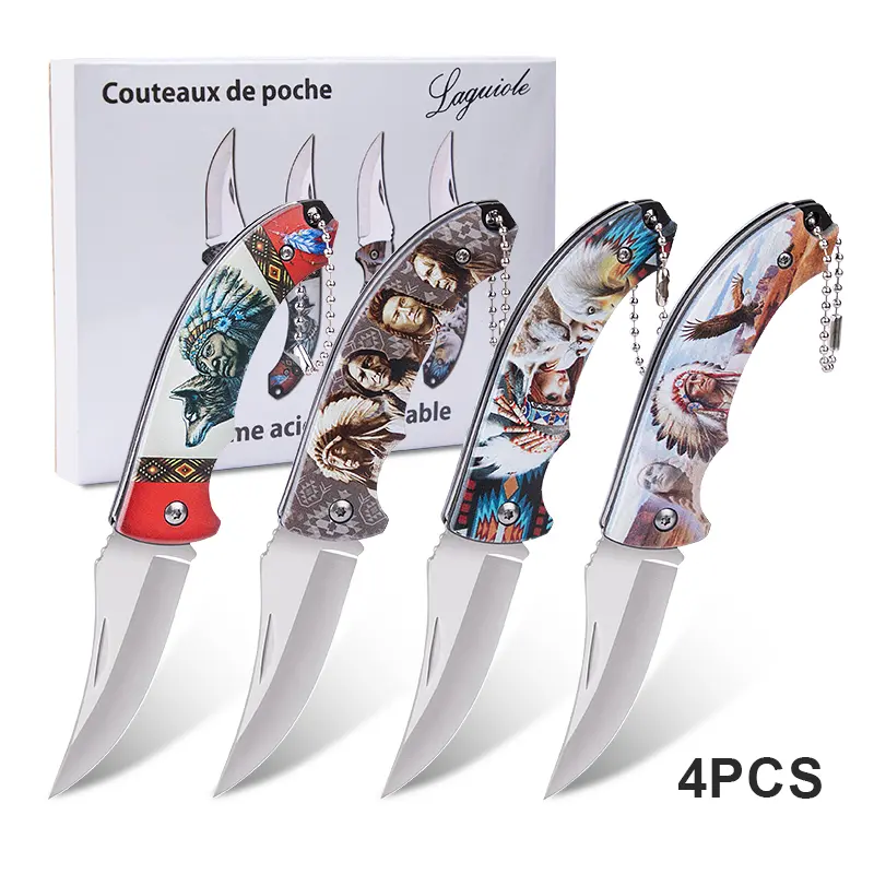 4Pcs Native American Style Folding Pocket Knife Set, Stainless Steel Utility Knives with Printed Handles, Portable Keychain Knives for Daily Use & Collection fold knife Camping Survival Tool Multipurpose Tool