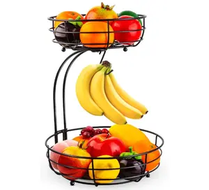 Auledio Iron 2-Tier Countertop Fruit Vegetables Basket Bowl Storage With Banana Hanger, Black, 64 ounces