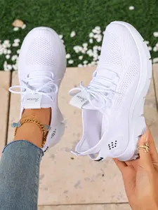 Women's White Knitted Running Sneakers - Spring/Summer New Arrival Breathable, Lightweight, Non-Slip Casual Shoes Athletic Running Shoes Suitable for Daily Outings, Fitness, and Travel